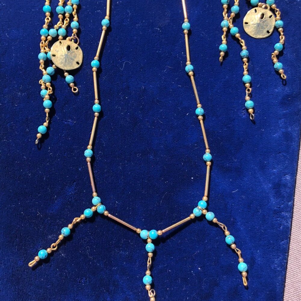 Turquoise and Gold Sand Dollar Sea Shell Earrings and Necklace Beach Ocean Coast